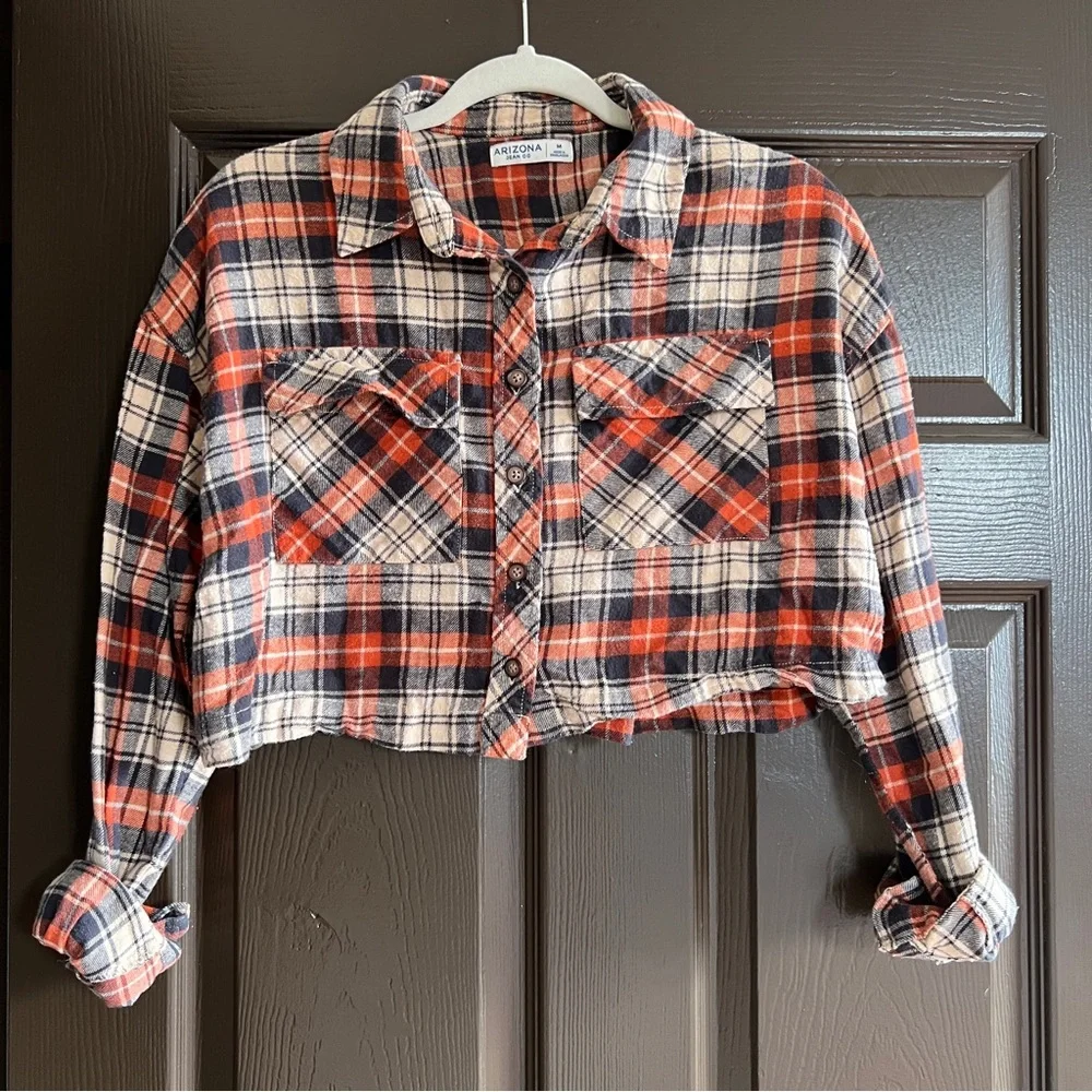 Arizona Jean Company Orange Cream Plaid Button-Up Flannel